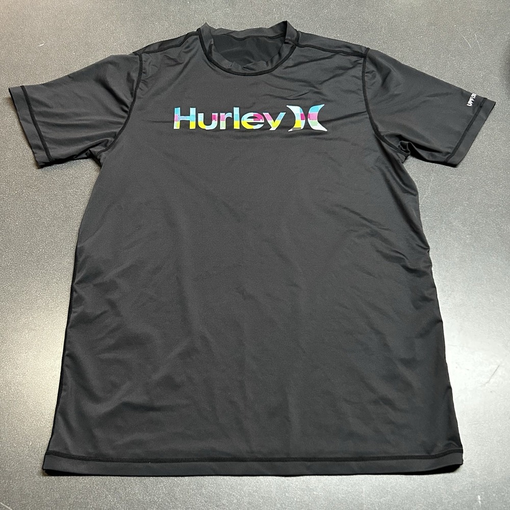 Hurley T-Shirt Mens Large Black Short Sleeve UPF 50 Outdoor Beach Swim Logo